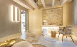 Modern living room with stone accent wall, stylish furniture, and natural lighting. Features include a comfortable armchair, minimalist decor, and elegant lighting fixtures. Ideal for contemporary home design inspiration.