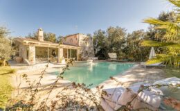 Charming stone villa with a swimming pool surrounded by lush greenery, featuring modern outdoor seating and a relaxing atmosphere, perfect for a tranquil getaway.