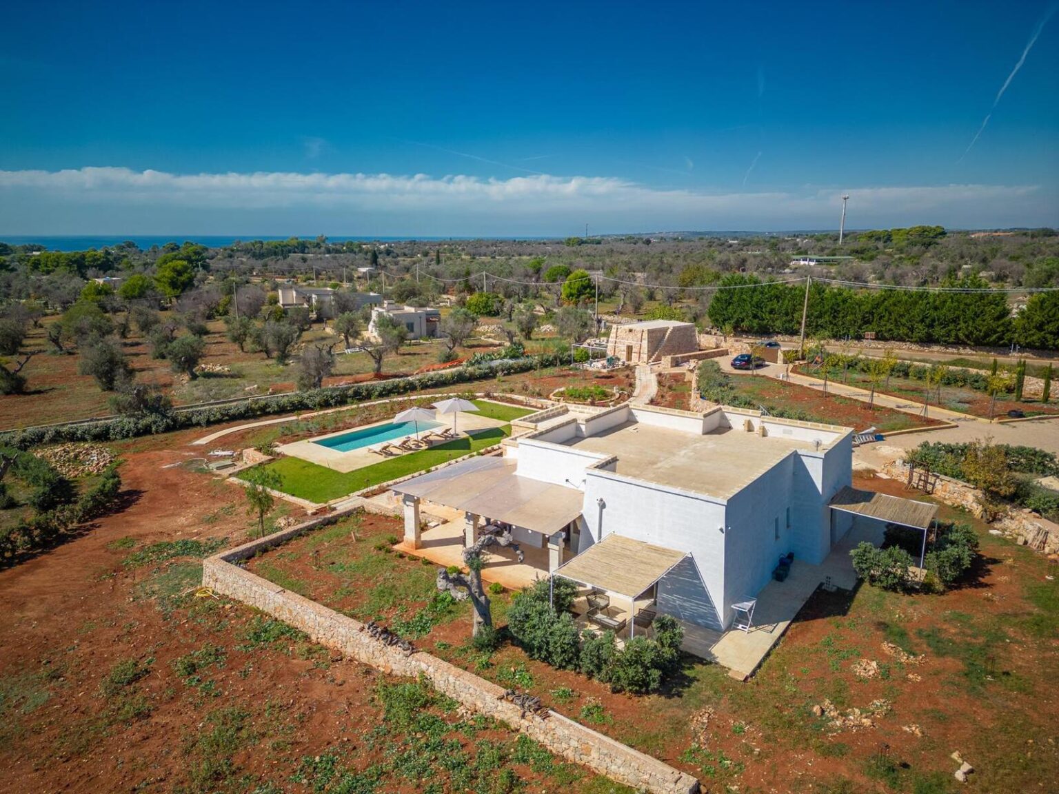 Aerial view of a modern villa with a swimming pool surrounded by lush greenery and olive trees, set in a tranquil landscape under a clear blue sky. | Only on SopranoVillas