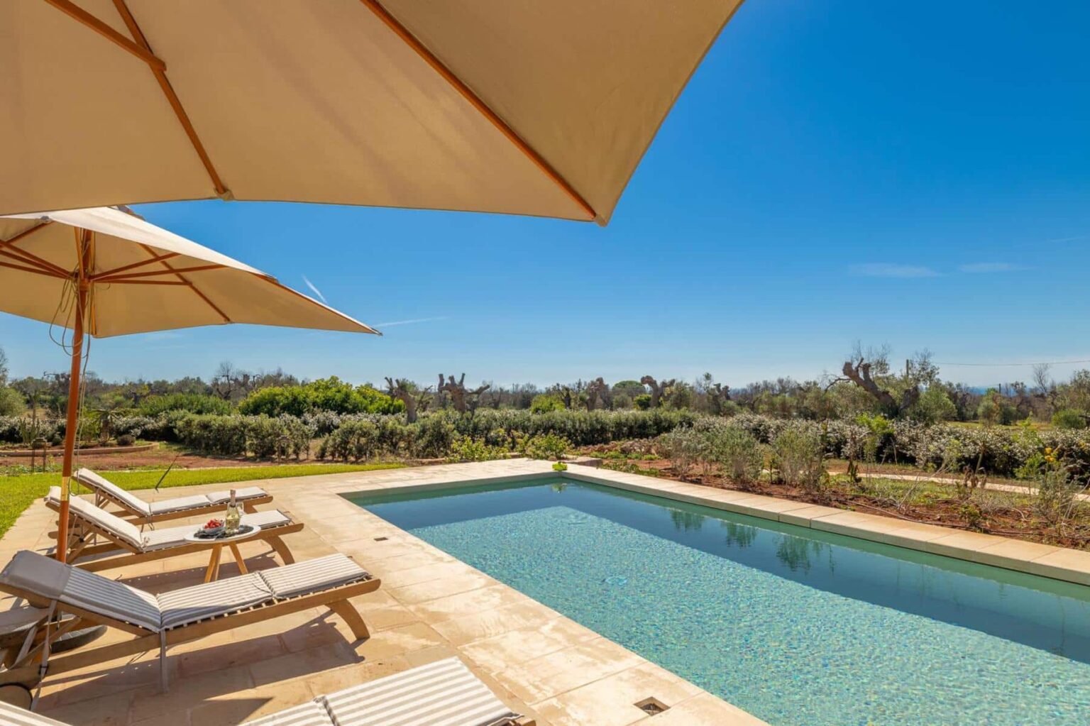 Luxurious outdoor pool area with sun loungers and umbrellas, surrounded by lush greenery and blue skies, perfect for relaxation and leisure. | Only on SopranoVillas
