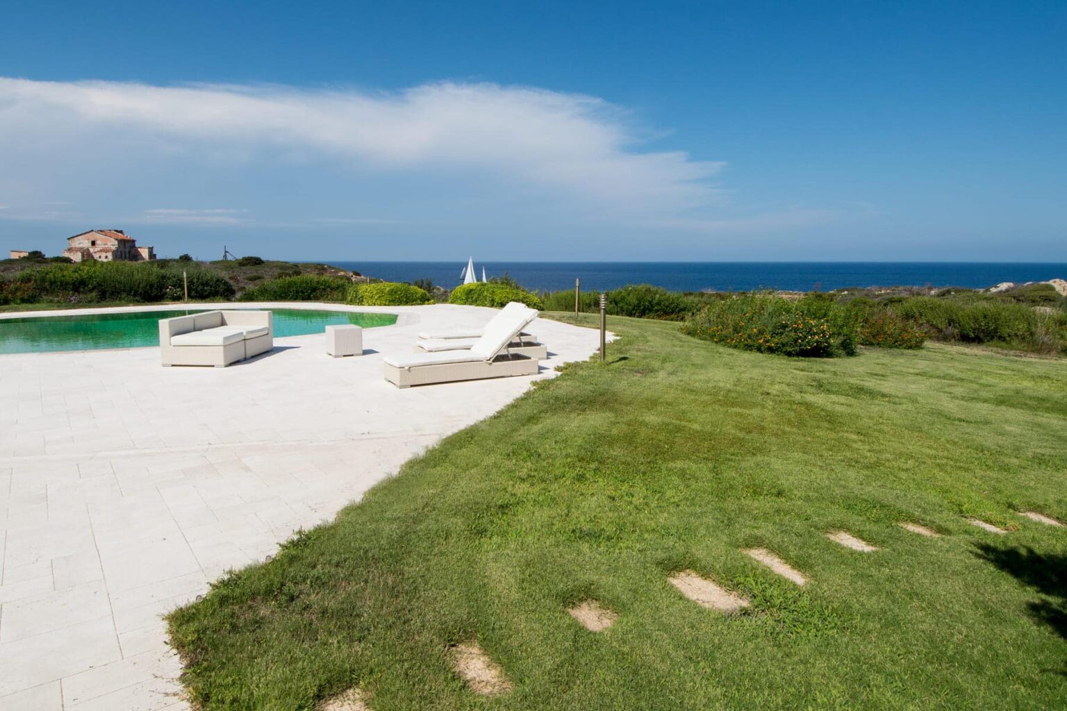 Luxurious villa with a swimming pool overlooking the ocean, surrounded by lush green lawn and scenic views under a clear blue sky. Perfect for relaxation and outdoor gatherings. | Only on SopranoVillas