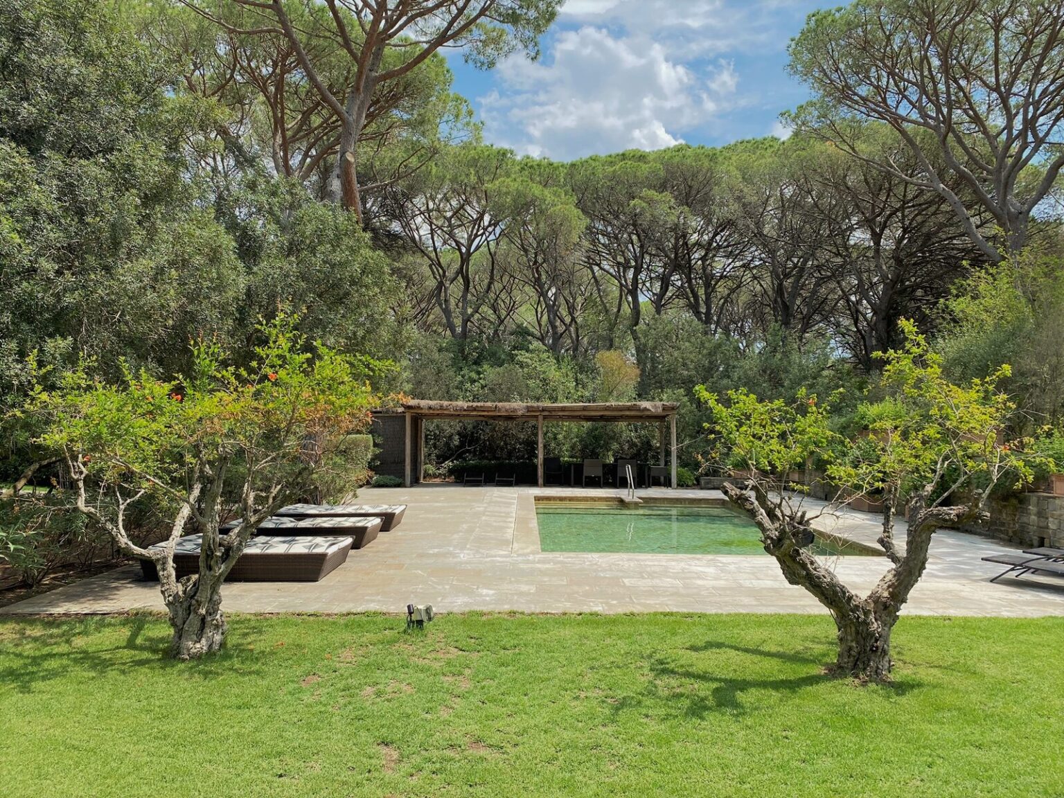 Modern outdoor landscape featuring a serene swimming pool surrounded by lush greenery and trees, with a pergola providing shade and relaxation space. Ideal for luxury home design and outdoor living inspiration. | Only on SopranoVillas