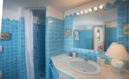 Bright and airy bathroom featuring turquoise tiled walls, a modern sink with a marble countertop, a shower area with a curtain, and a stylish mirror illuminated by overhead lights. A lamp and decorative elements enhance the inviting atmosphere.
