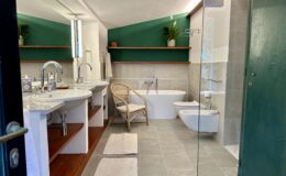 Modern bathroom design featuring dual sinks, a freestanding bathtub, and a bidet, complemented by green accent walls and wooden shelves. The space includes contemporary lighting and natural elements, creating a stylish and functional atmosphere.