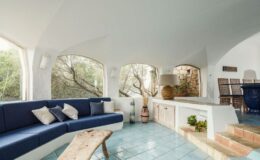 Spacious living room featuring a curved blue sofa with decorative pillows, a rustic wooden coffee table, and large windows showcasing a natural landscape. The light-colored walls and tiled floor create a bright, airy atmosphere, complemented by unique decor elements like a lamp and potted plants.
