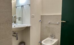 Modern bathroom featuring a wall-mounted sink, bidet, and sleek gray tile flooring. The space is illuminated by pendant lights and includes a green door, enhancing the contemporary design.