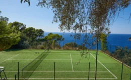 Tennis court with a stunning ocean view, surrounded by lush greenery and tall trees, under a clear blue sky. Ideal for outdoor sports and relaxation.