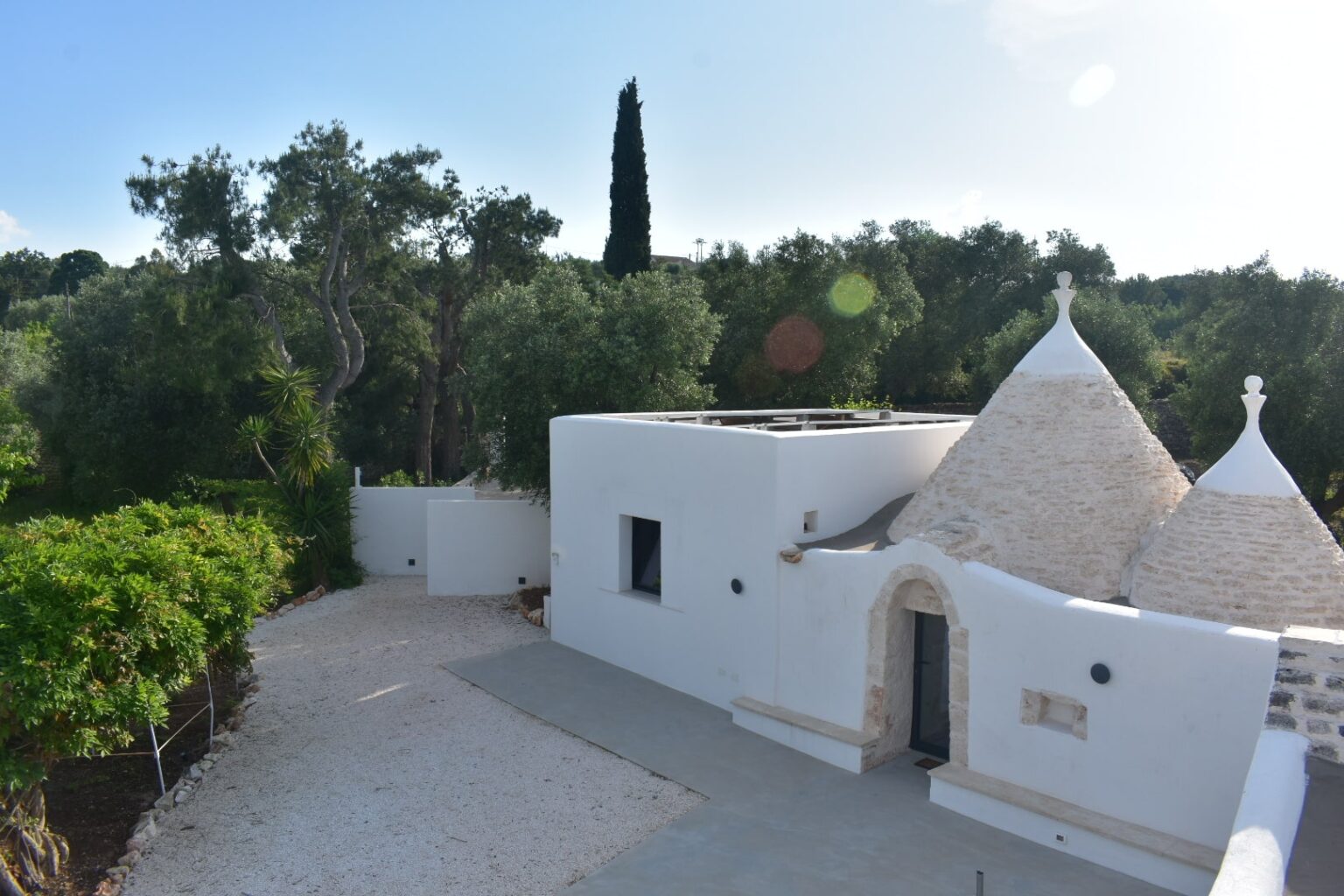Tranquil white trullo house surrounded by lush greenery and olive trees in a sunny landscape, showcasing traditional Italian architecture. | Only on SopranoVillas