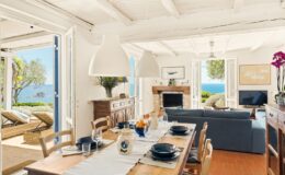 Bright and airy coastal dining area featuring a wooden table set for a meal, overlooking a stunning ocean view through open doors. The room is decorated with modern furnishings, white beams, and potted plants, creating a relaxed seaside ambiance.