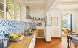 Bright and airy kitchen featuring blue patterned tiles, wooden countertops, and a bowl of fresh fruit. Open doorway leads to a scenic outdoor area, enhancing the inviting atmosphere.