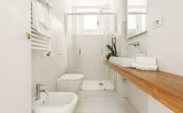 Modern bathroom featuring a glass shower enclosure, wooden countertop with a sink, and a bidet. The space is bright with neutral tones, complemented by white towels and an orchid plant for a touch of elegance. Ideal for showcasing contemporary bathroom design.