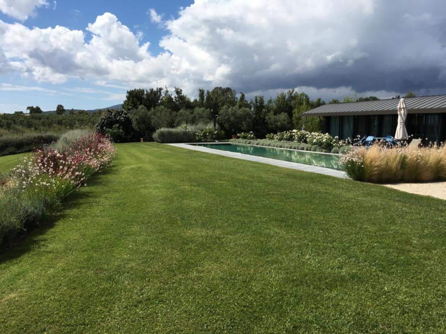 Lush green lawn leading to a modern swimming pool surrounded by flowering plants and shrubs, under a partly cloudy sky. | Only on SopranoVillas