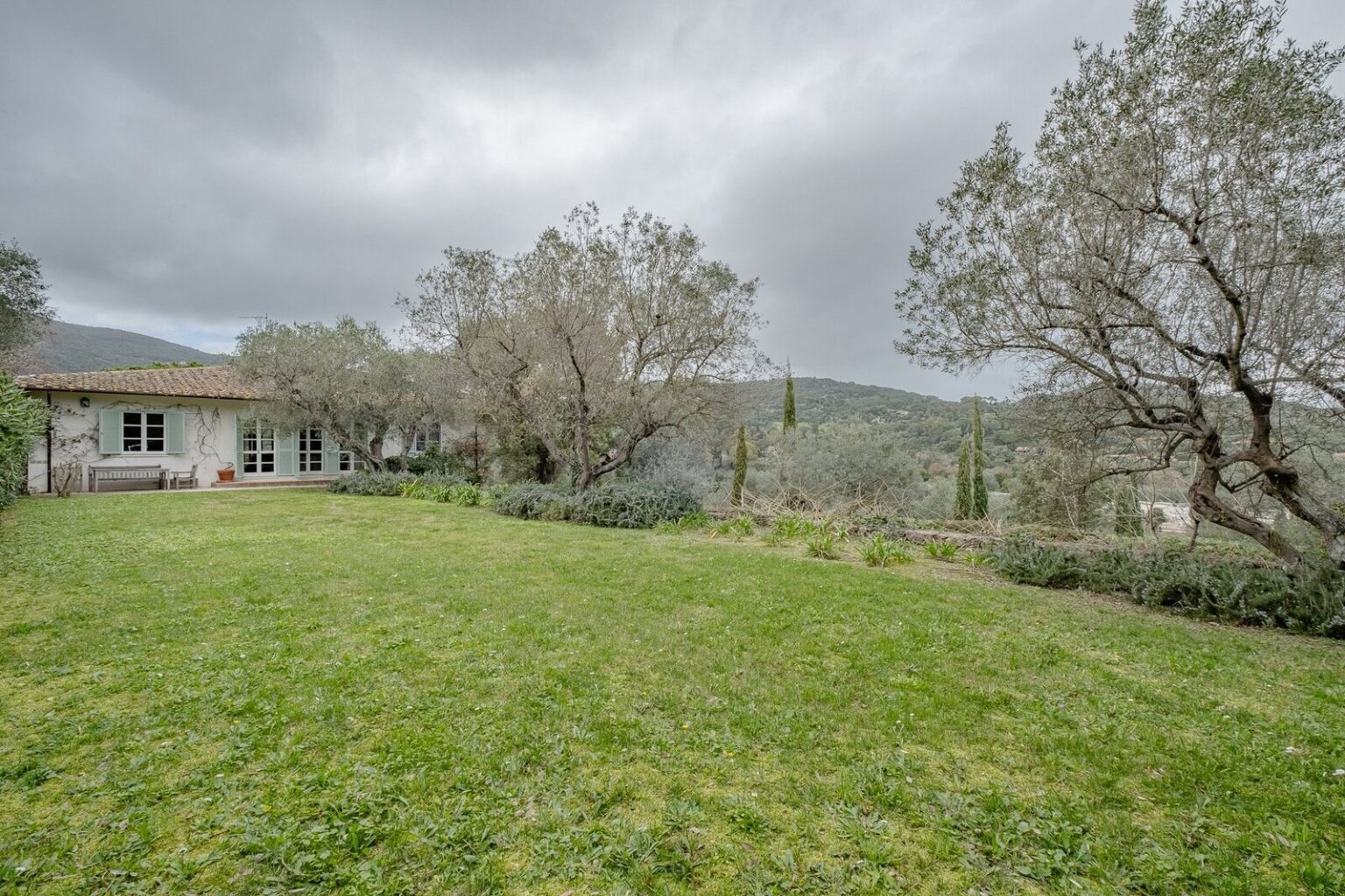Scenic view of a spacious green lawn surrounded by olive trees, featuring a charming house under a cloudy sky, set in a hillside landscape. | Only on SopranoVillas