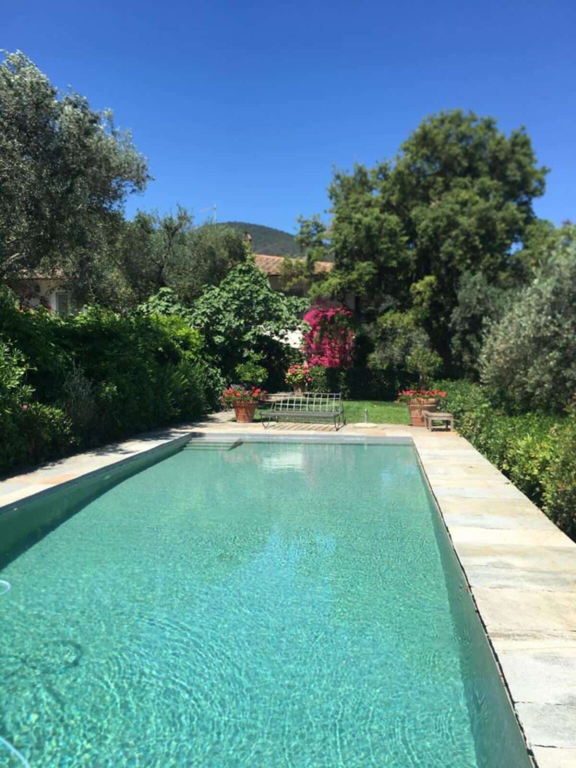 Serene outdoor swimming pool surrounded by lush greenery and vibrant flowers, featuring a stone patio and a tranquil garden setting. | Only on SopranoVillas