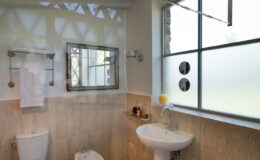 Modern bathroom featuring a glass shower, toilet, bidet, and a stylish sink with a wooden mat. Natural light streams in through large windows, highlighting the stone walls and elegant mirror.