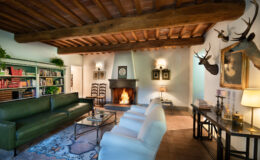 Cozy living room featuring a green leather sofa and white armchairs, a rustic wooden beam ceiling, and a stone fireplace with a warm fire. Decor includes a bookshelf filled with colorful books, framed art on the walls, and decorative taxidermy. A glass coffee table sits on a patterned rug, creating an inviting atmosphere.
