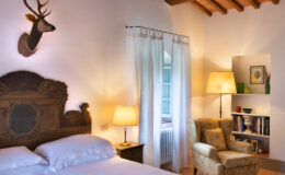 Cozy bedroom featuring a wooden bed with white linens, a decorative deer head on the wall, and a comfortable armchair. The room has a rustic wooden ceiling, soft lighting from a bedside lamp, and sheer curtains allowing natural light to enter. A small bookshelf adds a touch of charm to the inviting space.