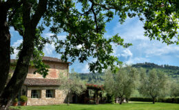 A picturesque countryside scene featuring a rustic stone house surrounded by lush greenery, olive trees, and a vibrant garden. The background showcases rolling hills and a blue sky with fluffy clouds, creating a serene and inviting atmosphere. Ideal for promoting rural tourism or vacation rentals in scenic locations.
