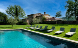 Serene outdoor setting featuring a sparkling swimming pool, lined with modern lounge chairs on lush green grass, with a rustic stone house and trees in the background under a clear blue sky. Perfect for relaxation and leisure.