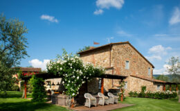 Charming stone villa surrounded by lush greenery and blooming white roses, featuring a wooden deck with comfortable wicker seating, under a clear blue sky. Ideal for outdoor relaxation and scenic countryside views.
