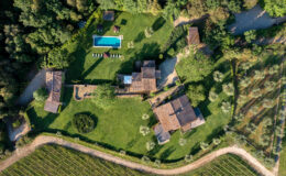 Aerial view of a luxurious countryside villa featuring a large green lawn, a swimming pool surrounded by lounge chairs, and multiple rustic buildings amidst lush trees and gardens. The property is bordered by a vineyard, showcasing the serene landscape of the area.
