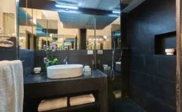 Modern bathroom interior featuring a sleek black stone design, a white oval sink, decorative orchid plant, and neatly arranged towels, with ample mirrors reflecting light for a spacious feel. Ideal for luxury home decor inspiration.