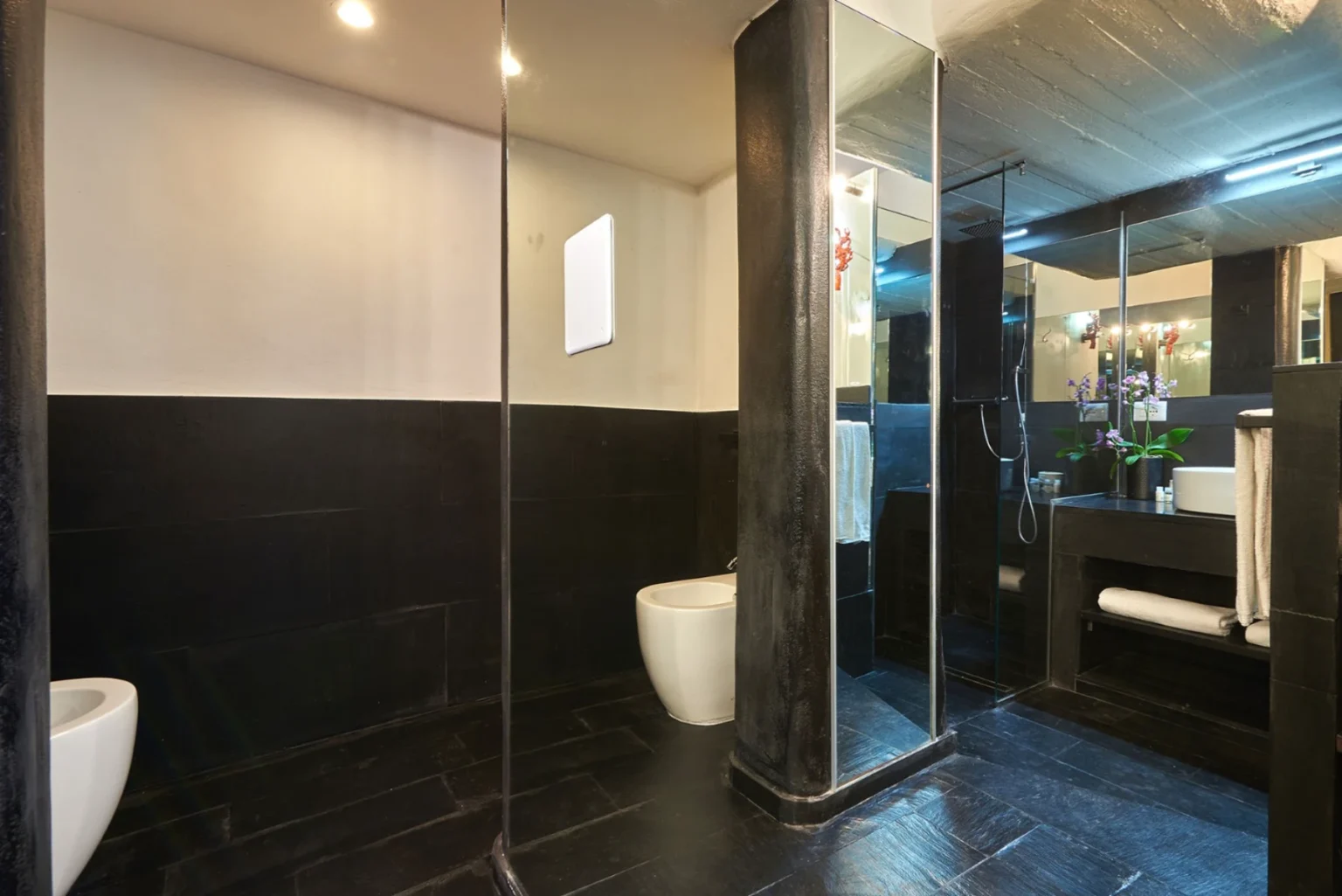 Modern bathroom interior featuring sleek black tile walls, a glass shower enclosure, and a minimalist design. The space includes a white toilet, stylish sink, and decorative plants, creating an elegant and contemporary atmosphere. | Only on SopranoVillas
