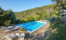Scenic outdoor swimming pool surrounded by lush greenery and mountains, featuring white lounge chairs and a stone patio, ideal for relaxation and leisure.
