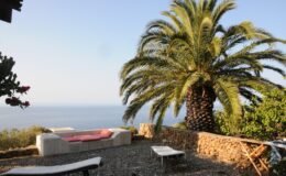 Scenic outdoor space featuring a large palm tree, comfortable seating area with pink cushions, and a view of the ocean. The setting includes gravel ground and stone walls, creating a serene atmosphere ideal for relaxation.