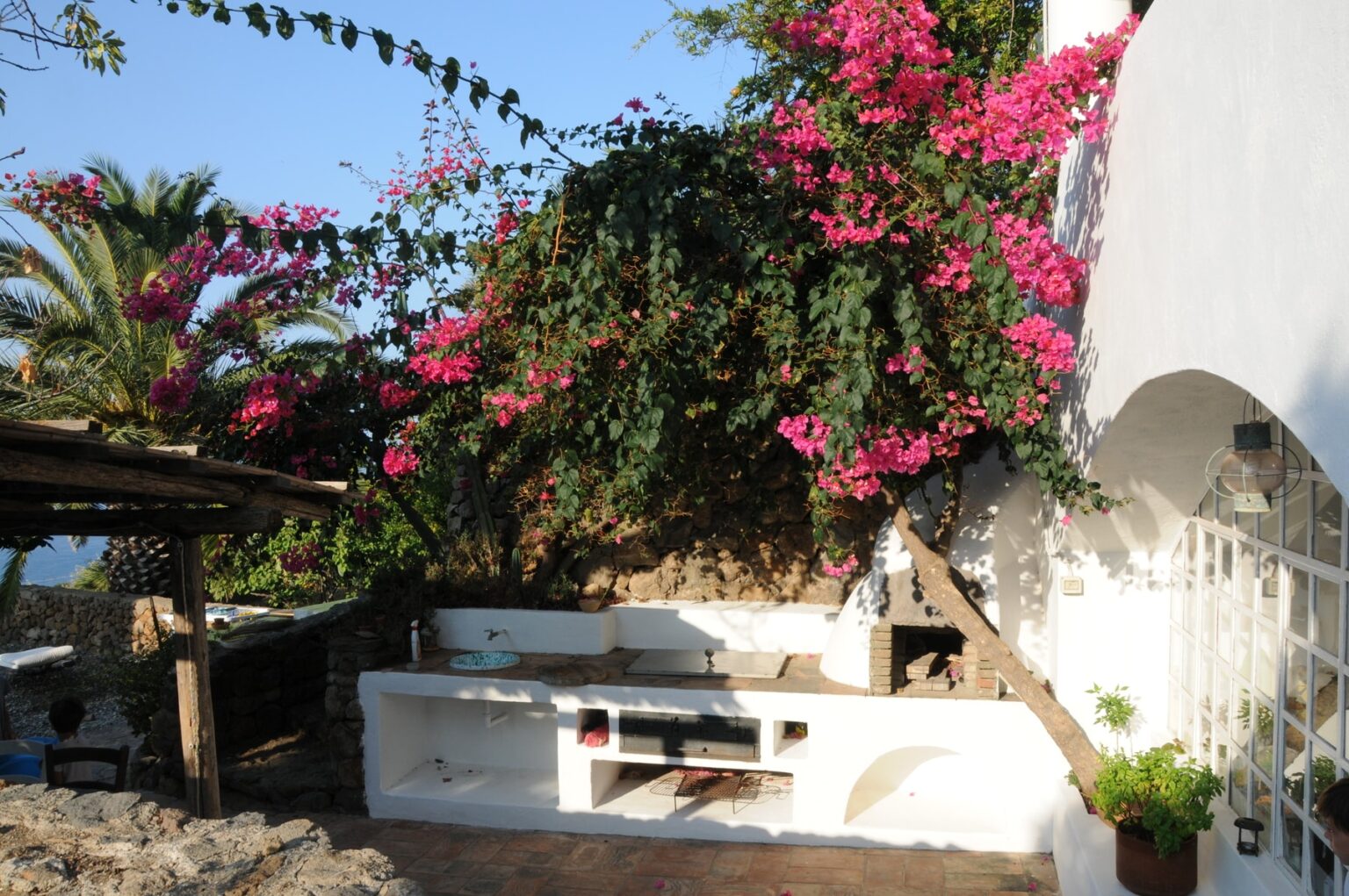 Charming outdoor patio with whitewashed walls adorned by vibrant pink bougainvillea, surrounded by lush greenery and palm trees, creating a serene and inviting atmosphere. | Only on SopranoVillas