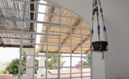 Interior view showcasing a whitewashed wall with a grid window, allowing natural light to filter in. A rustic thatched roof is visible outside, complemented by a hanging decorative planter. The scene features lush greenery and a hint of pink flowering plants, creating a serene and inviting atmosphere. Ideal for showcasing modern architecture and natural elements.