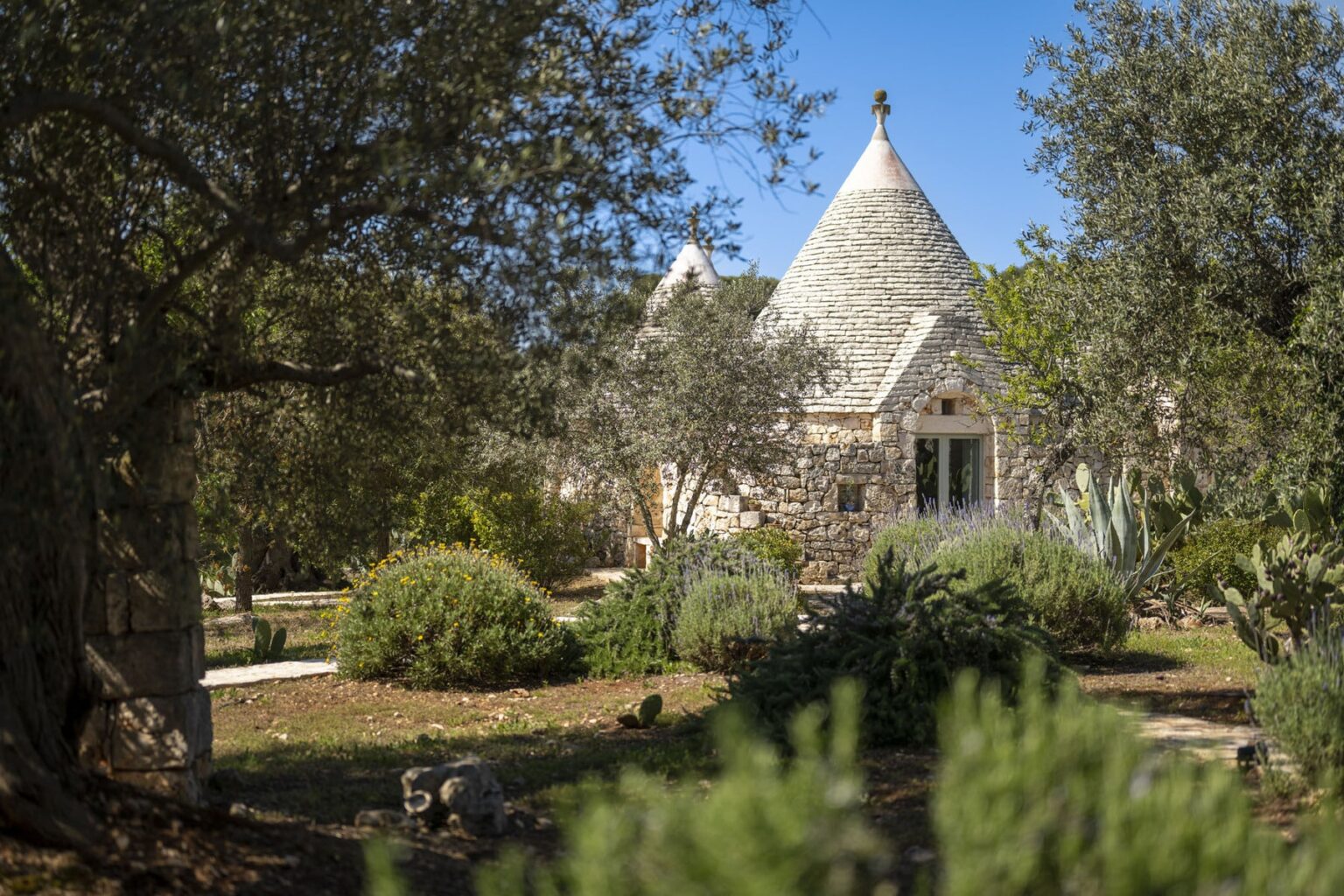 Tranquil landscape featuring a traditional trullo house surrounded by lush greenery and trees, showcasing a serene outdoor setting. | Only on SopranoVillas