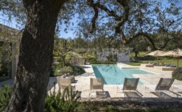 Luxurious outdoor pool area surrounded by greenery, featuring lounge chairs, sun umbrellas, and a serene landscape in a sunny setting.