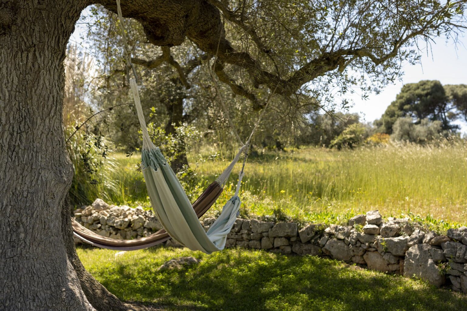 A serene outdoor scene featuring a hammock suspended between two trees, surrounded by lush greenery and a stone wall, perfect for relaxation and leisure in nature. | Only on SopranoVillas
