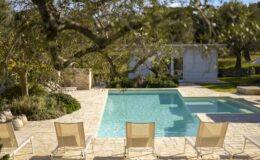Serene outdoor swimming pool surrounded by lounge chairs and lush greenery, perfect for relaxation and leisure in a tranquil setting.