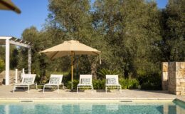 Inviting outdoor pool area featuring lounge chairs and a large umbrella, surrounded by lush greenery and olive trees, perfect for relaxation and leisure.