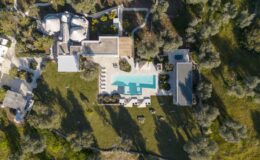 Aerial view of a luxury villa featuring a swimming pool, landscaped gardens, and unique stone structures surrounded by olive trees, ideal for relaxation and outdoor living.