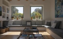 Cozy living room featuring a spacious sectional sofa with striped cushions, natural light streaming through large windows, and a wooden coffee table adorned with books and decor. Greenery visible outside enhances the serene atmosphere.