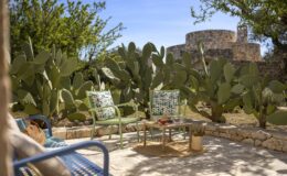 Cozy outdoor seating area with patterned cushions, surrounded by cacti and greenery, featuring a small table and a historic stone structure in the background under a clear blue sky.