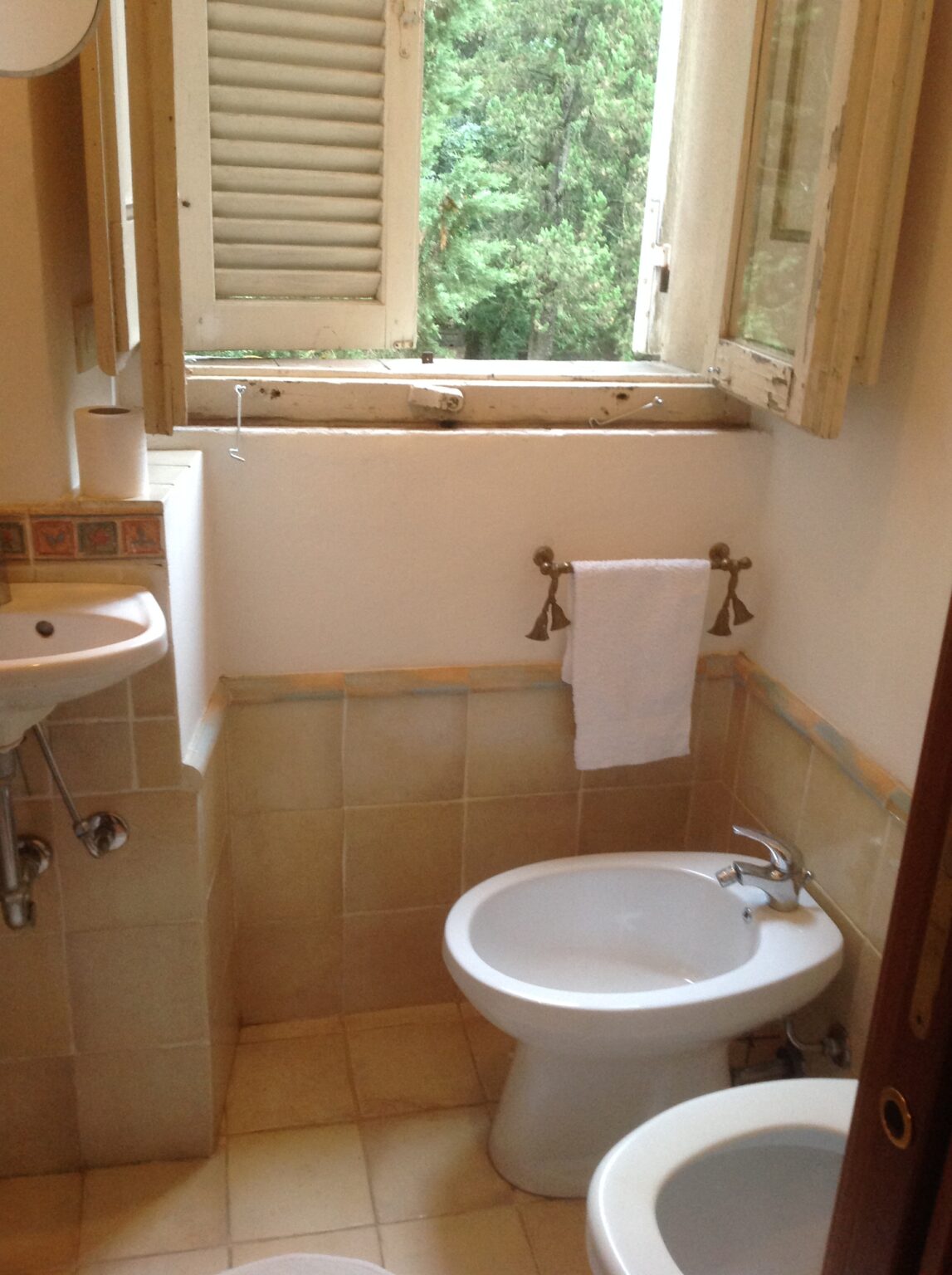 Small bathroom featuring a bidet, sink, and towel rack with a white towel. The window is open, showcasing a view of greenery outside. The walls are tiled in light colors, creating a clean and bright atmosphere. | Only on SopranoVillas