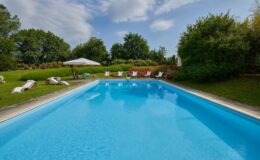 Inviting outdoor swimming pool surrounded by lush greenery and vibrant flower beds, featuring lounge chairs and a shaded umbrella for relaxation on a sunny day.