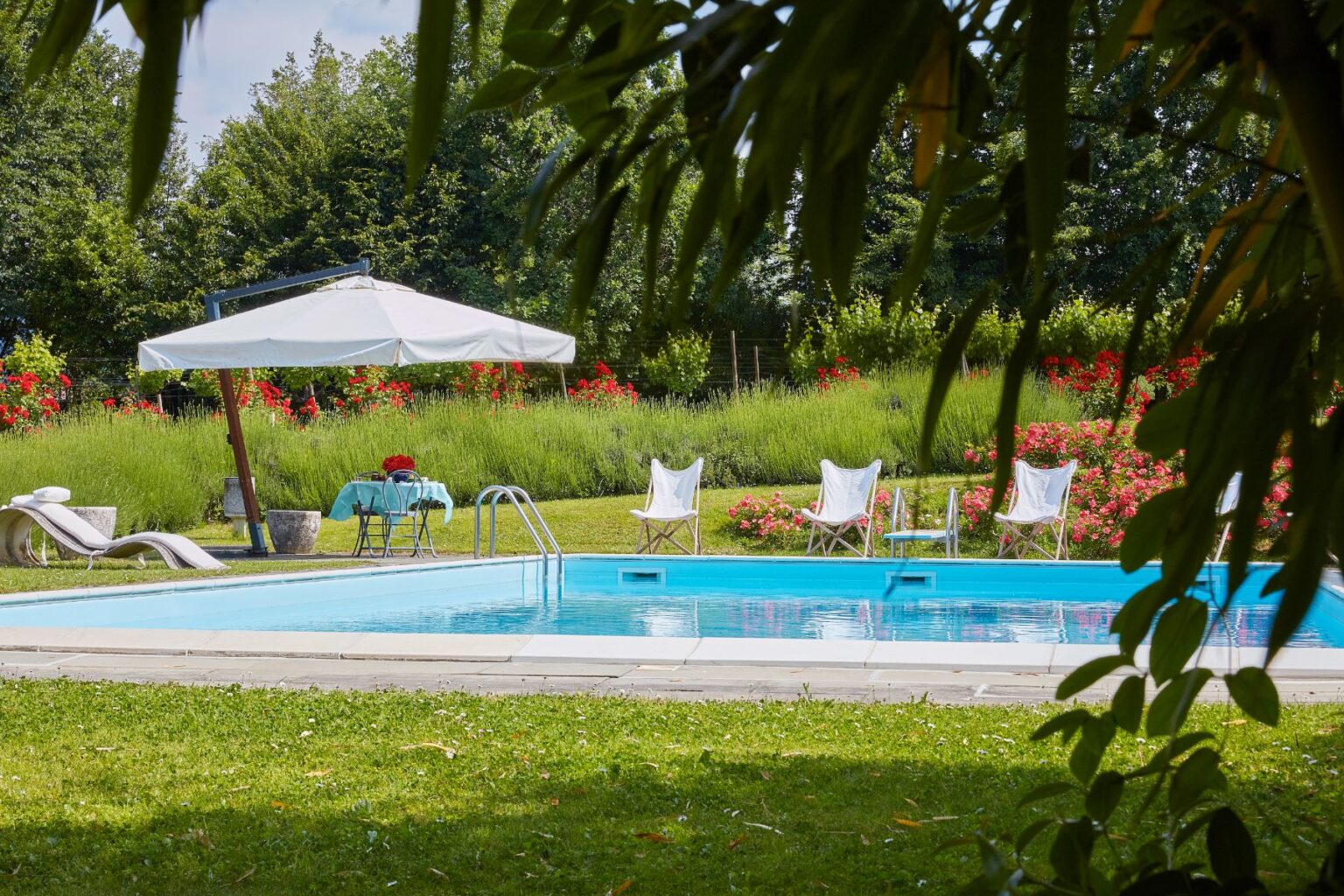 Serene outdoor swimming pool surrounded by lush greenery and vibrant flowers, featuring lounge chairs, a shaded seating area with a table, and a relaxing atmosphere perfect for leisure and relaxation. | Only on SopranoVillas