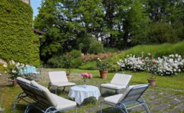 Outdoor garden seating area featuring four lounge chairs and a small table with a vase of pink flowers, surrounded by lush greenery and blooming rose bushes, creating a serene and inviting atmosphere.