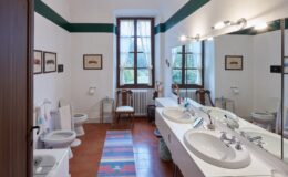 Bright and spacious bathroom featuring dual sinks, a large mirror, and natural light from windows. Decorated with vintage car prints, a colorful rug, and a wooden chair, the room includes a toilet and bidet, emphasizing a blend of modern and classic design elements.