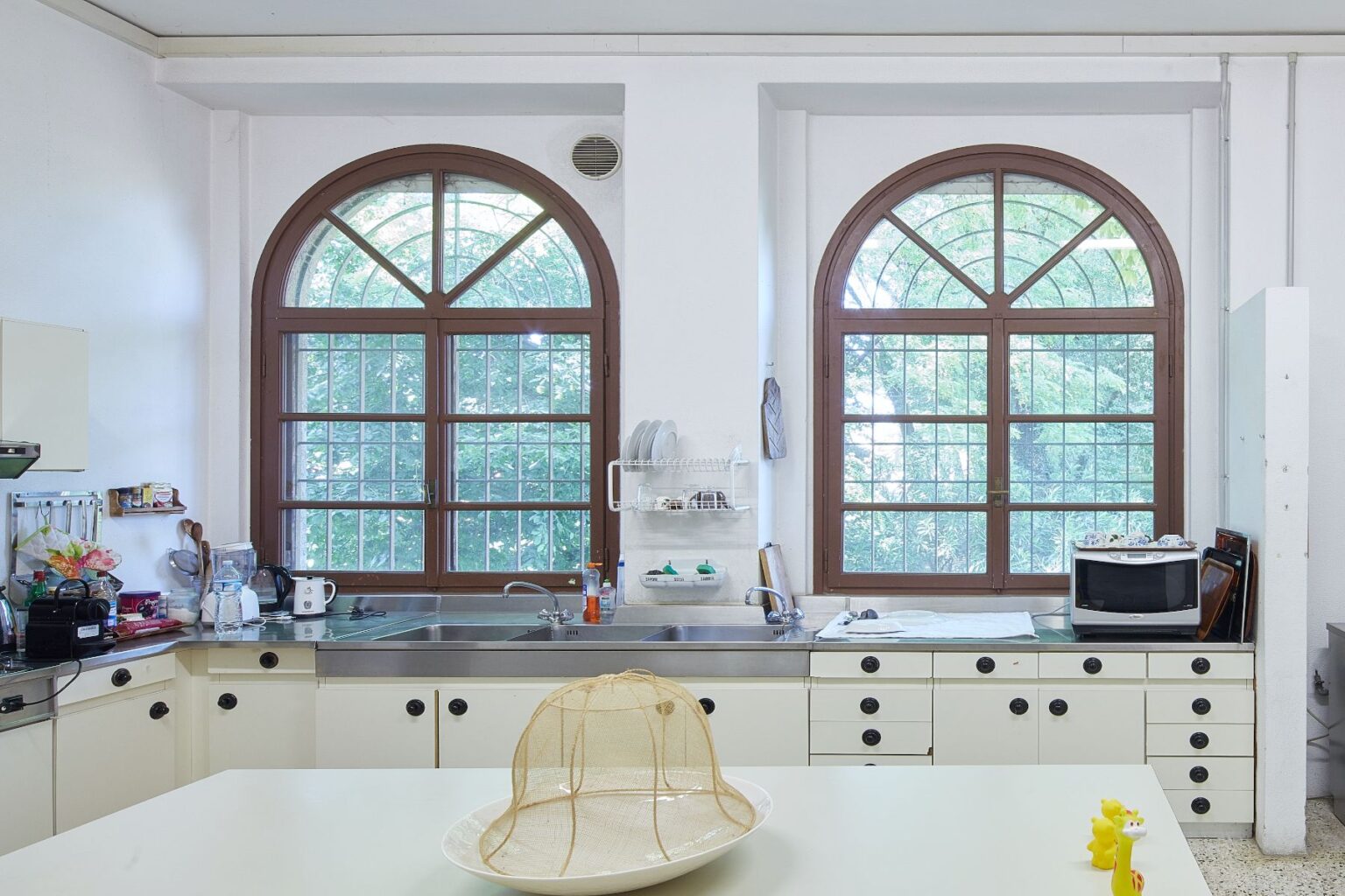 Bright and airy kitchen featuring large arched windows, stainless steel sink, and white cabinetry. The countertop displays a mesh food cover and a decorative plate, while kitchen appliances and utensils are neatly arranged. Greenery is visible outside the windows, enhancing the natural light in the space. | Only on SopranoVillas
