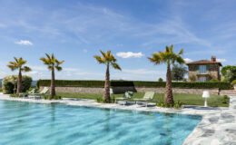 Luxury outdoor swimming pool surrounded by palm trees, sun loungers, and a well-manicured lawn, with a stone house in the background under a clear blue sky. Ideal for relaxation and leisure.