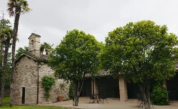 Stone building with a bell tower surrounded by lush greenery and palm trees, featuring outdoor seating and a charming garden area under a cloudy sky.
