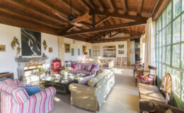 Bright and airy living room featuring wooden beams and large windows, furnished with striped sofas and a vintage red chair. Decorated with artwork, plants, and a stone fireplace, the space exudes a cozy and eclectic atmosphere.