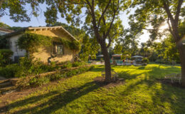 Charming rustic house surrounded by lush greenery, with a well-maintained garden and a serene outdoor pool area in the background, bathed in warm sunset light.