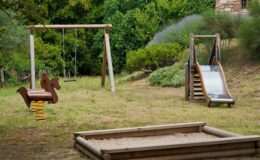 Playground equipment in a natural setting featuring a wooden swing set, a spring rider designed as a horse, a slide, and a sand pit, surrounded by greenery and shrubs. Ideal for children's outdoor play and recreation.